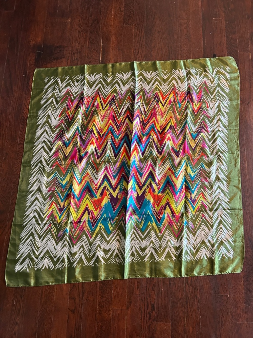 Vibrant Zigzag Silk Scarf in Olive Green & Multicolor